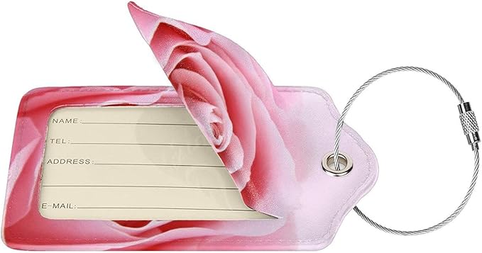 2 Pack Pink Rose Luggage Tags for Suitcases, Pretty Flower Leather Suitcase Backpack Bag Tags Identifiers with Privacy Cover Name Address Labels & Durable Steel Loop for Women Girls Travel