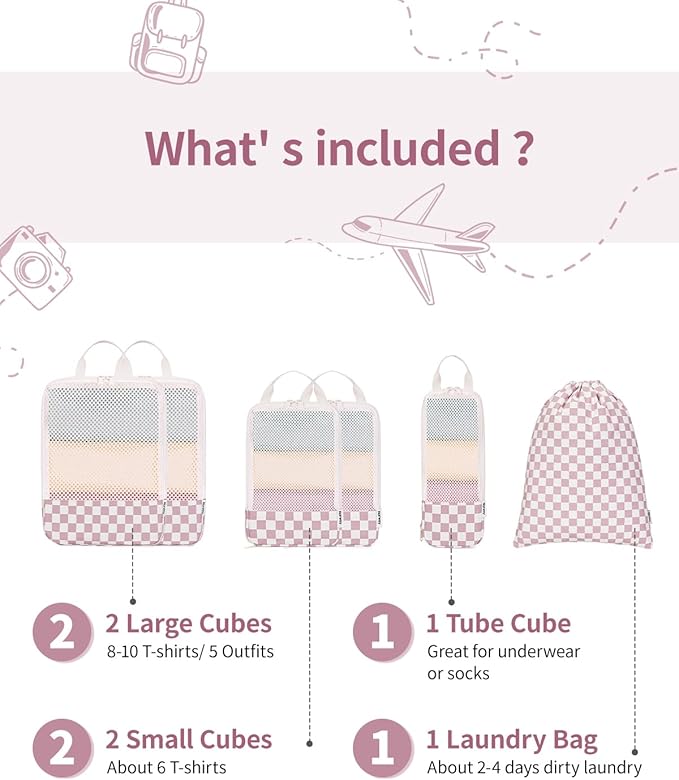 Narwey 6 Set Compression Packing Cubes for Travel Kids Women Carry on, Packing Organizers Bag for Backpack Luggage Suitcase Duffle Bags