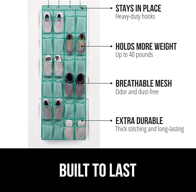 GORILLA GRIP Over the Door Shoe Organizer, 24 Large Breathable Mesh Pockets, Space Saving Hanging Storage Holder, Closet Rack Hanger Holds Up to 40 lbs, Hangs on Closets, Shoes, Accessories, Turquoise