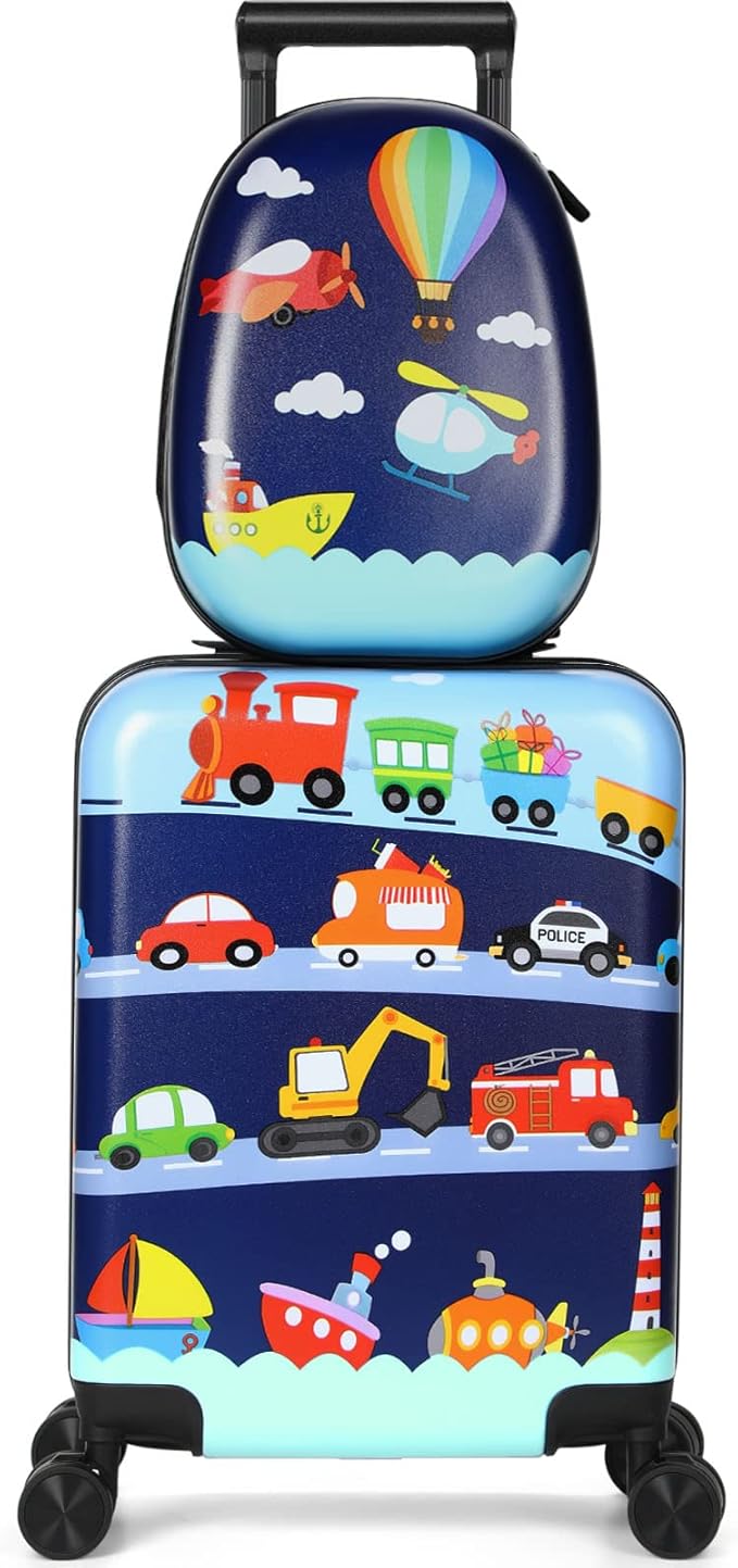 Weewooday Kids Luggage and Backpack 18" Suitcase with Spinner Wheel Hard Case Travel 13" Backpack Girl Suitcase Set for Kids Travel Supplies(Assorted Colors,Vehicle Style)