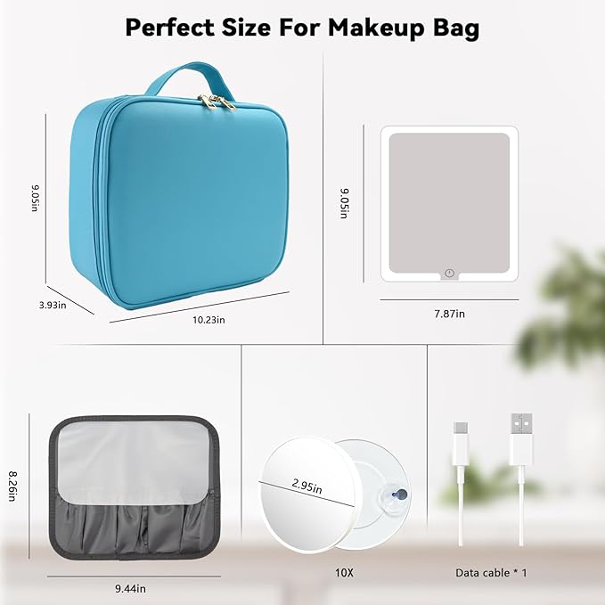 Travel Makeup Bag with LED Mirror and 10x magnifying glass with 3 Lighted Settings, Adjustable Dividers and Makeup Brush Storage Bag Blue