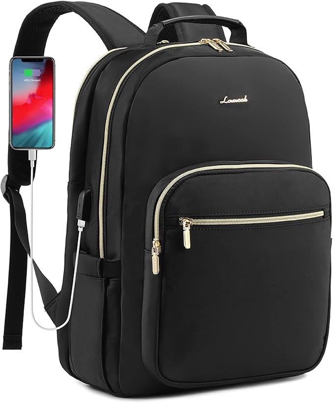 LOVEVOOK Laptop Backpack Purse for Women, Work Travel Computer Bags, Quilted Casual College Daypack with USB Port, Fit 15.6 Inch Laptop, Black
