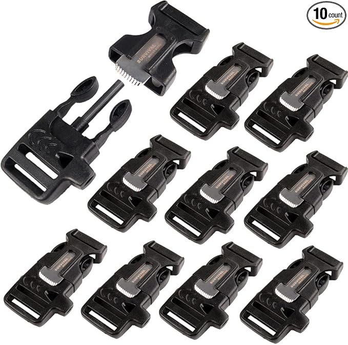 10Pack 3/4" (19mm) Fire Starter Survival Whistle Buckle Flint Scraper for Paracord Bracelet Key Lanyard Ourdoor Hiking Camping Backpack Bag Pets Collar DIY Travel Kits
