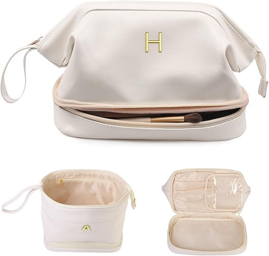 Gifts for Girls, Initial Large Makeup Bag, Personalized Double Layer Cosmetic Bag with Makeup Brush Organizer, PU Leather Travel Toiletry Bag Gift For Daughter, Preppy Things For Girls