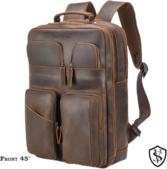 STAR VISTA Angelo 17.3" Vintage Full Grain Leather Laptop Backpack for Men, Multi Pockets, Casual Outdoor Business Travel Rucksack, YKK Zippers, Dark Brown