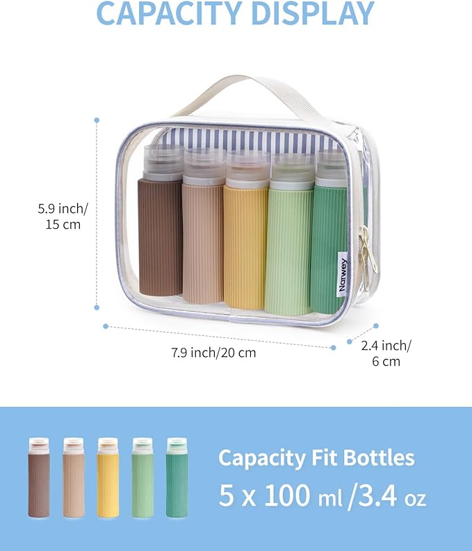 Narwey TSA Approved Clear Toiletry Bag for Travel, Waterproof PVC Clear Makeup Bags, Portable Compact Cosmetic Bag Make Up Organizer, Airport Airline Quart Size Compliant Bag (Greyish Blue Stripe)