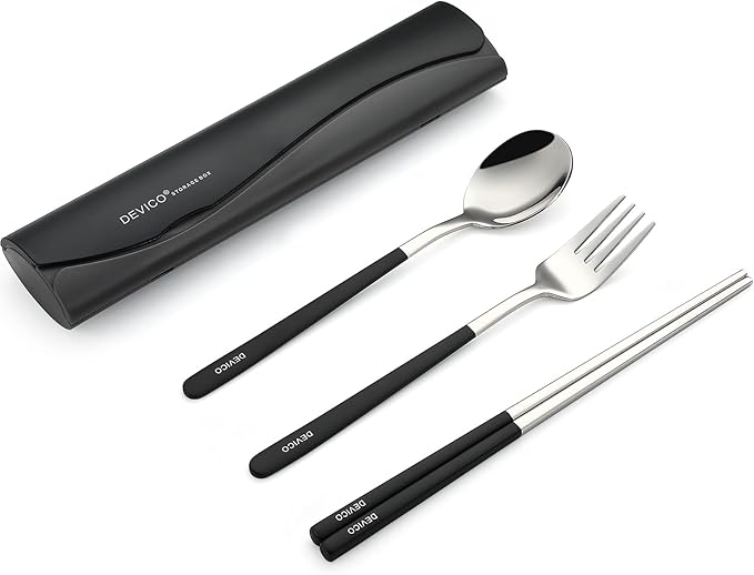 DEVICO Portable Travel Utensils with Case, Reusable Camping Silverware for Lunch, 18/8 Stainless Steel Cutlery Set (Black)