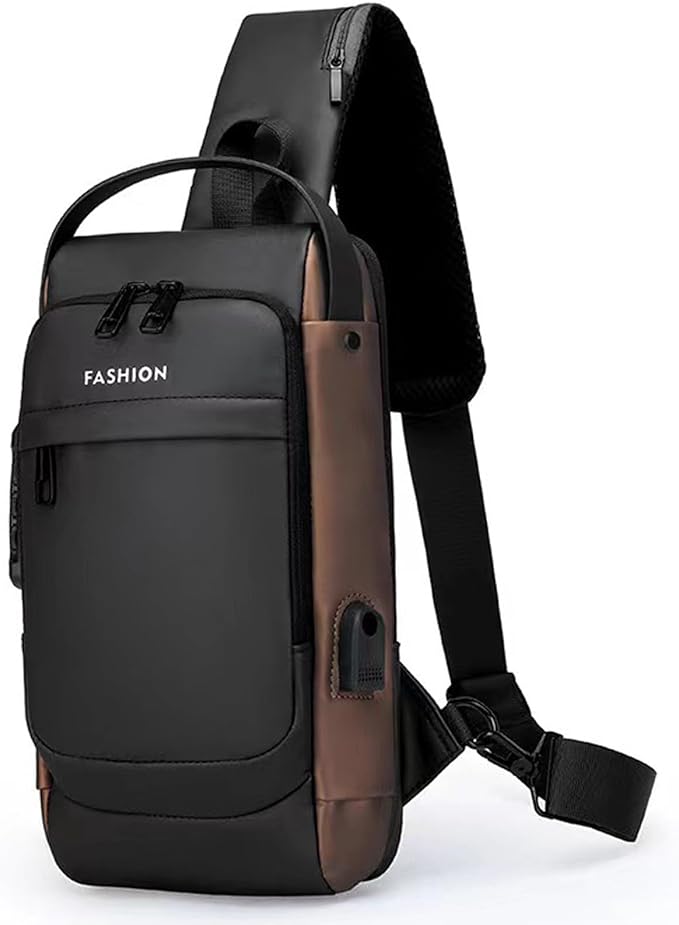 Sling Bag for Men Anti-theft USB Crossbody Shoulder Backpack Purse Waterproof PU Leather Chest Bag Travel Daily Use