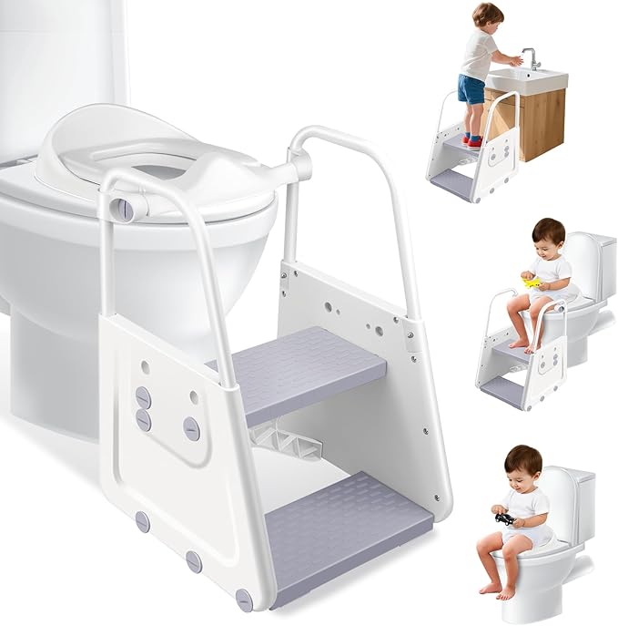Potty Training Seat with Step Stool - 3 in 1 Potty Training Toilet Seat with Large Handles & Anti-Splash Guard | Foldable Toddler Toilet Seat Adjustable Height Non-Slip Toddler Step Stool