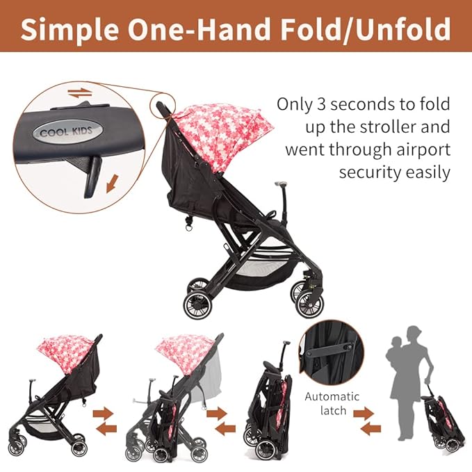 COOL KIDS Portable Stroller with Automatic Fold，Lightweight Umbrella Stroller with Pop Out Sun Canopy，Compact Stroller for Travel