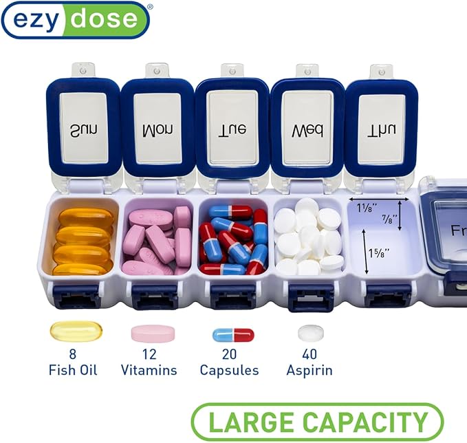 EZY DOSE Weekly (7-Day) Pill Planner, Medicine Case, Vitamin Organizer Box, Waterproof Locking Compartments to Secure Prescription Medication and Prevent Accidental Spilling, Blue