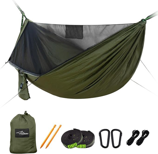 Camping Hammock with Mosquito Net and Ridge Rope, Extra Large for 2 Person, Lightweight Hanging Hammocks Tree Straps, All-in-one Fast Open Hammock for Outside, Hiking, and Travel