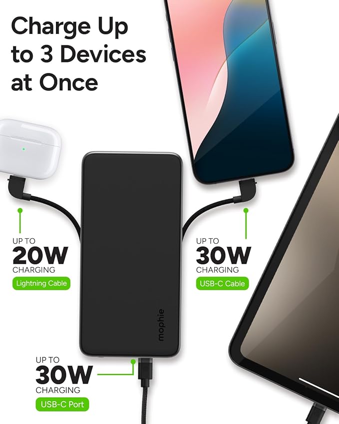 Mophie Powerstation Plus 10,000mAh Power Bank - Has Integrated USB-C and Lightning Cables, Fast Charging for Smartphones, Tablets, and iPhones