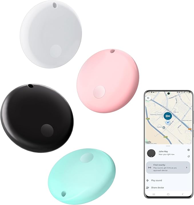 Android Tracker Tags, Works with Google Find My Device App (Android only), Key Finder Item Locator Tracking Device Smart Tags for Luggage, Wallet, Vehicles, Keys (Multi-Color, 4 Pack)