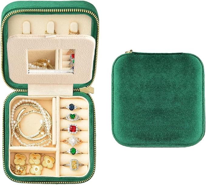 TAIMY Plush Velvet Travel Jewelry Box, Small Travel Jewelry Case, Portable Mini Jewelry Travel Organizer Boxes for Rings Earrings Necklaces Bracelets(Emerald Green,with Mirror)