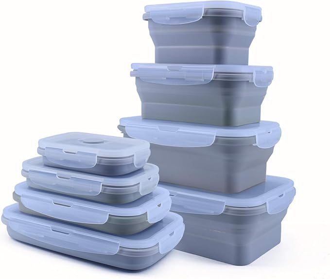 4 Pack Collapsible Silicone Food Containers Storage Lunch Bento Box with Lid BPA Free for Camping, Hiking (Gray, 4PC)