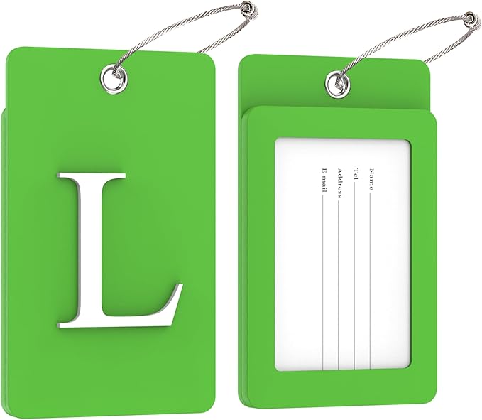 Gostwo 2 Pack Luggage Tags for Suitcases, 26 Initial Letter Travel Luggage Baggage Identification Labels ID Tag Fully Bendable Tags with Stainless Steel Loop (Green) (Letter L)