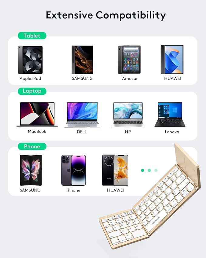 Samsers Foldable Bluetooth Keyboard with Touchpad - Portable Wireless Keyboard with Holder, Rechargeable Full Size Ultra Slim Pocket Folding Keyboards for Android Windows iOS Tablet & Laptop - Gold