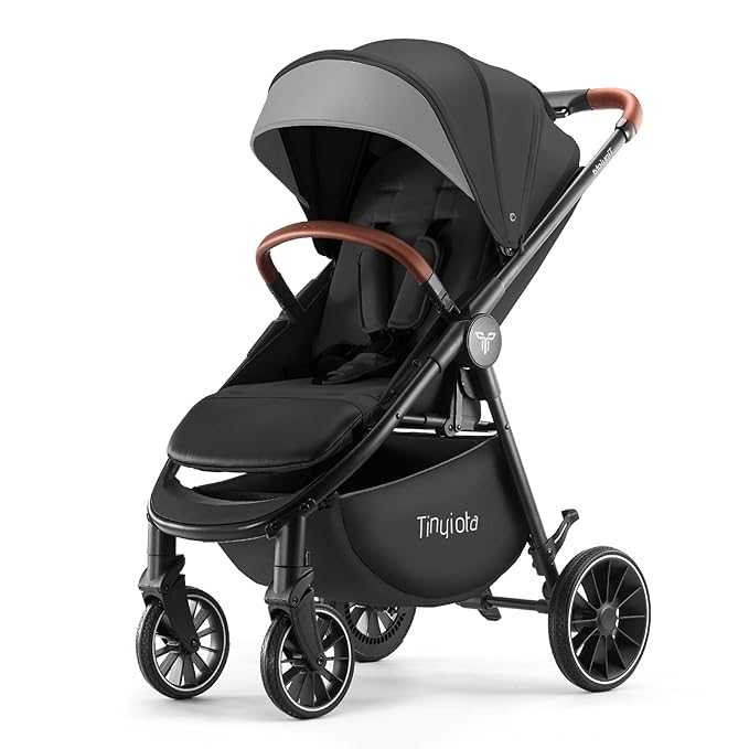 Tinyiota Baby Stroller, Infant Stroller with Large UPF 50+ Canopy,Luxury Pram Strollers with Leather Handle & Spacious Seat, One-Hand Foldable Pushchair, Toddler Carriage with Lie-Flat Mode(Black)