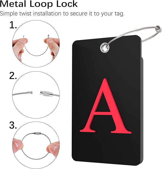 Gostwo 2 Pack Luggage Tags for Suitcases, 26 Initial Letter Travel Luggage Baggage Identification Labels ID Tag Fully Bendable Tags with Stainless Steel Loop (Black) (Letter A)