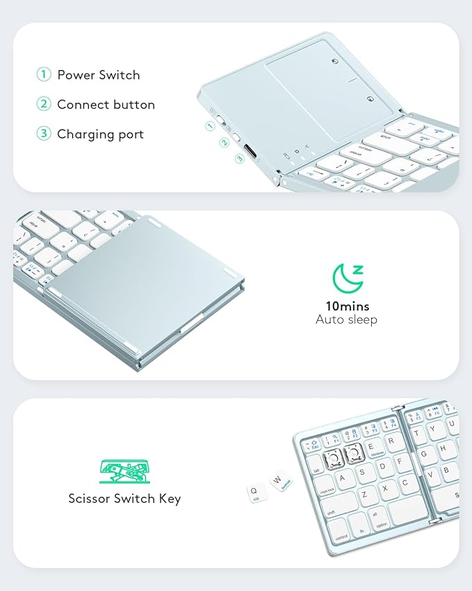 Samsers Foldable Bluetooth Keyboard with Touchpad - Portable Wireless Keyboard with Holder, Rechargeable Full Size Ultra Slim Pocket Folding Keyboards for Android Windows iOS Tablet & Laptop - Blue