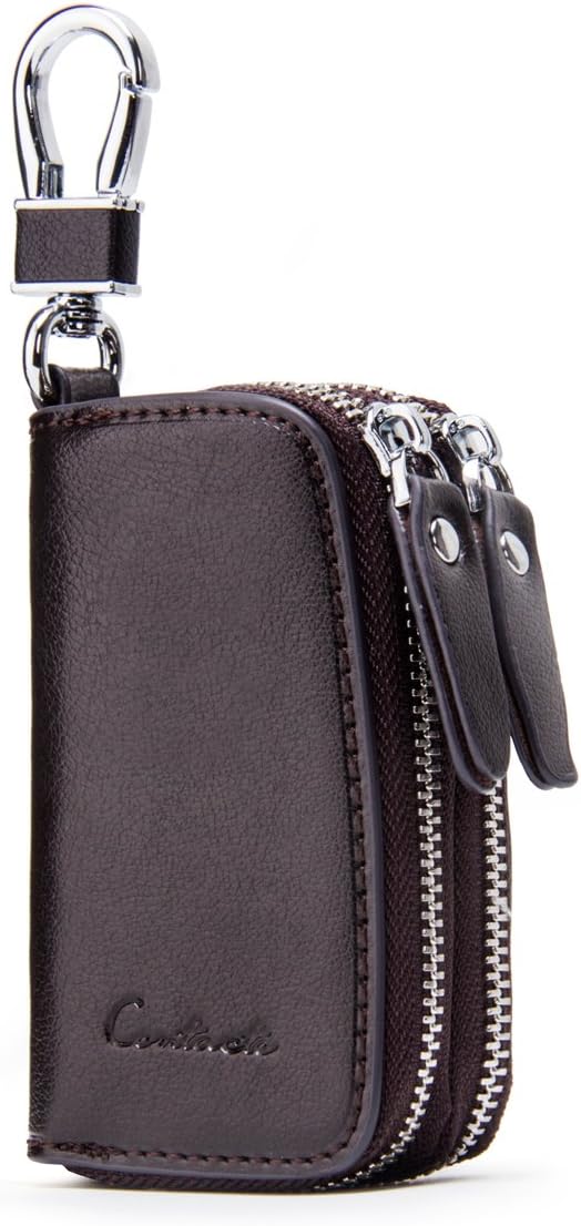 CONTACTS Car Key Case Small Leather Double Zipper Key Holder with 4 Keyrings Keys Organizer for Men Women