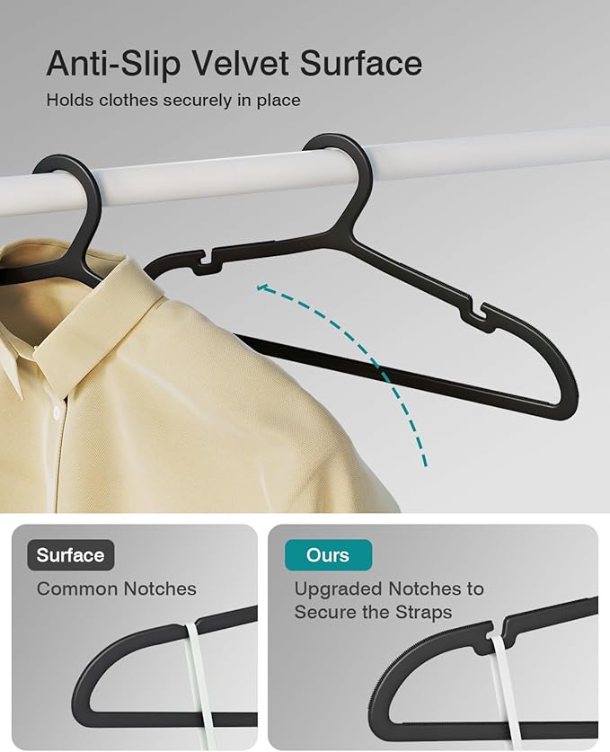 100 Pack Clothes Hangers, Non Slip Plastic Coat Hangers, Space Saving Hangers, Heavy Duty, Hanging Dry Wet Clothes, 16.4" x 8.3", Black, UAPY05100B