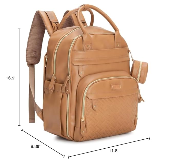 BabbleRoo Leather Diaper Bag Backpack - Baby Essentials Travel Baby Bag, Multi function, Water Resistant, with Changing Pad, Stroller Straps & Pacifier Case – Unisex, Light Brown