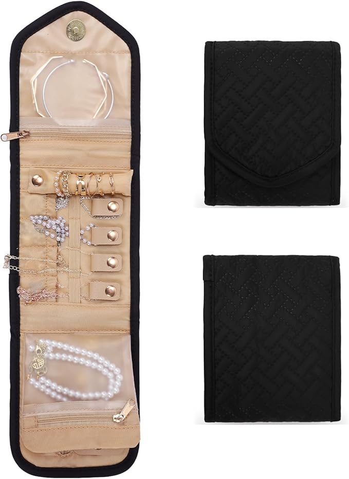 emissary Small Jewelry Travel Case Organizer for Necklace, Earrings, Rings, Bracelet, Jewelry Storage, Earring Storage, Necklace Storage, Valentines Day Gifts Pouch Bag Accessories for Travel(Black)