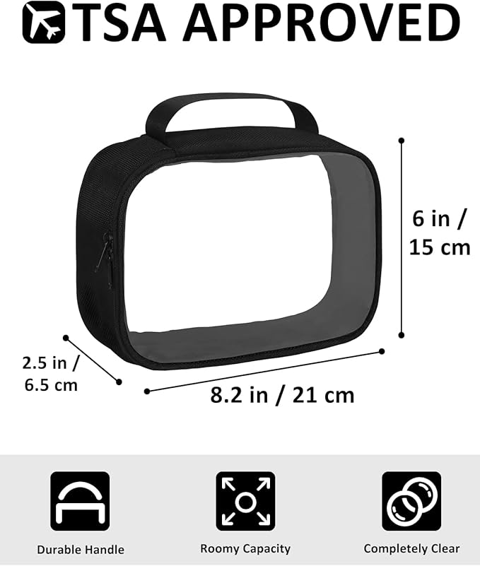 Moyad TSA Approved Clear Toiletry Bag with Handle, 2 Pack Quart Size 3-1-1 Liquids Pouch for Travel, Transparent Makeup & Cosmetic Organizer for Women Men, Black