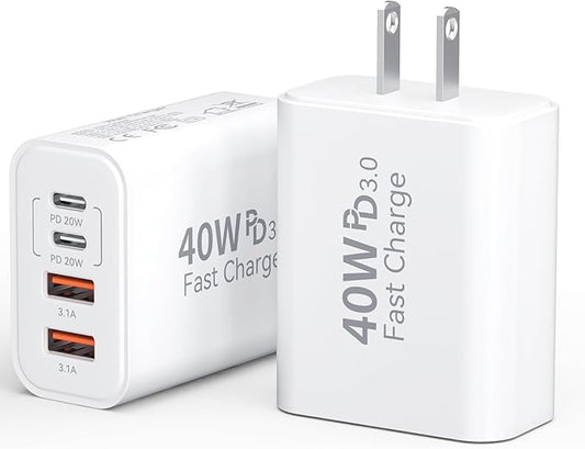 USB C Fast Charger Block, iPhone Charger Fast Charging Blocks 40W Multi Port Charger 4-Ports PD & QC Charging Cube Brick Power Adapter Type C Wall Chargers for iPhone 17/16/15/14/13/12 Pro Max, iPad