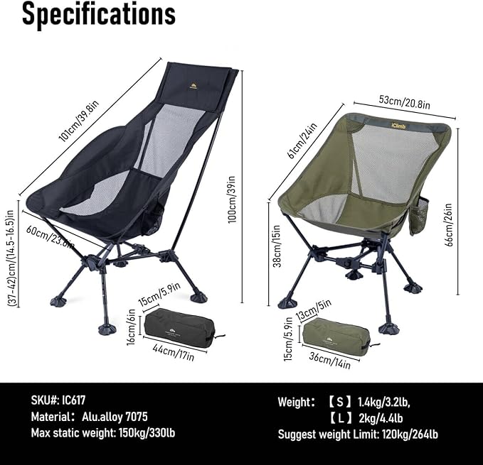 iClimb Ultralight Compact Camping Folding Beach Chair with Anti-Sinking Large Feet