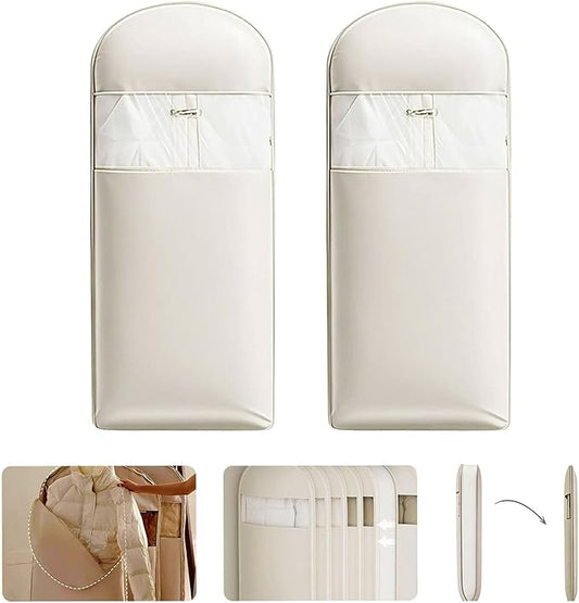 2 Packs Space Saving Garment Bag with Self Compression Zipper, Travel Suit Bags for Closet Storage, Hanging Garment Bag for Coats, Down Jackets (XLarge, Beige)