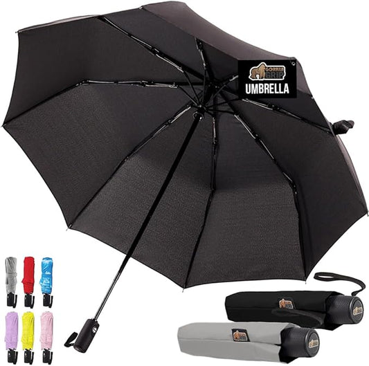 GORILLA GRIP Strong Stick Umbrella for Rain, Compact Travel One-Click Automatic Open Close, Lightweight Portable US Designed Reinforced Fiberglass Ribs, Wind Resistant Easy Collapse Black Gray 2 Pack