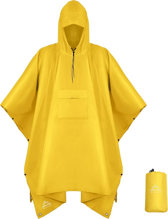 Coralrain Hooded Rain Poncho Lightweight Waterproof Unisex Raincoat Jacket with Pocket for Men Women Adult