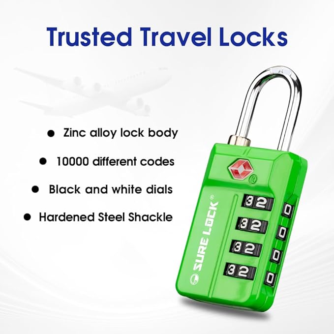 SURE LOCK TSA Approved 4-Digit Resettable Combination Luggage Locks with Open Alert, Easy-Read Dials - for Luggage, School Lockers, Gym, Office, Toolbox & Security Cases(Green 2 Pack)