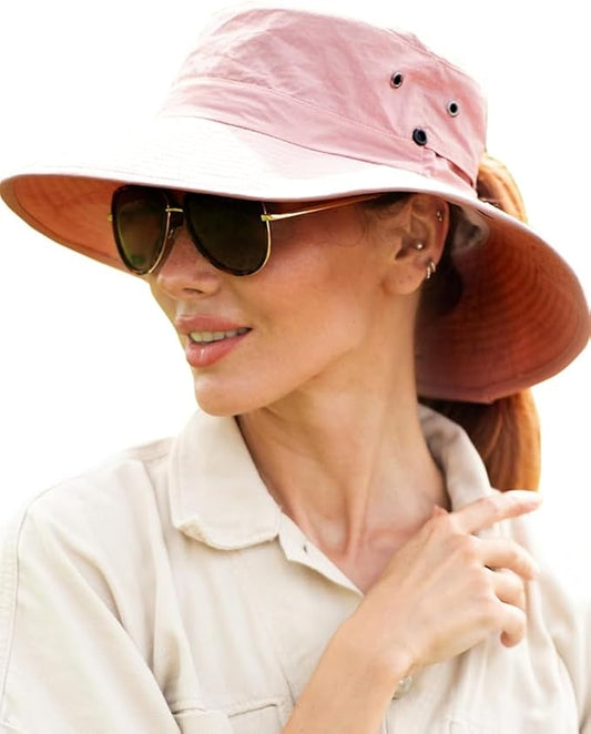 FURTALK Sun Hats for Women Ponytail UPF 50+ Beach Summer Hat Wide Brim Packable Cowboy Hat
