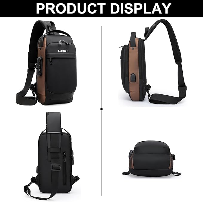 Sling Bag for Men Anti-theft USB Crossbody Shoulder Backpack Purse Waterproof PU Leather Chest Bag Travel Daily Use