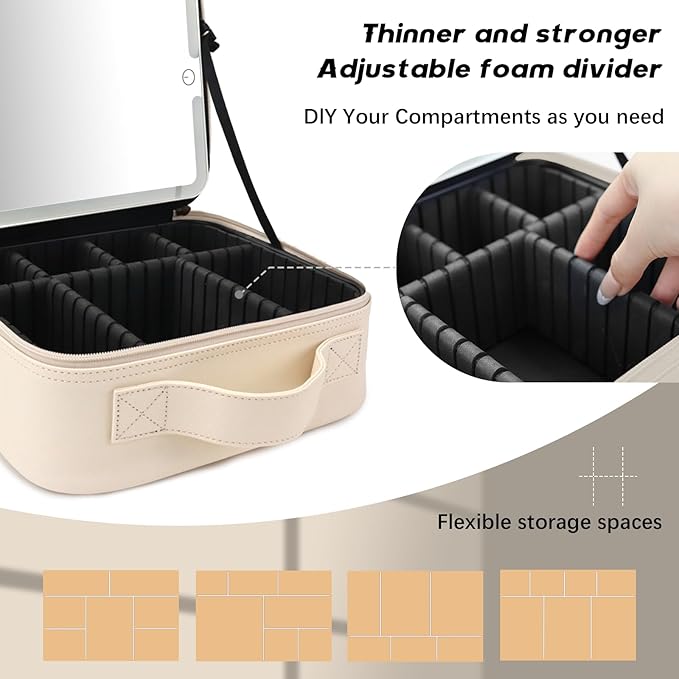 Makeup Bag with Led Mirror,Travel Makeup Organizer with 3 Color Setting, Portable Storage and Adjustable Dividers Travel Makeup Bag(White)
