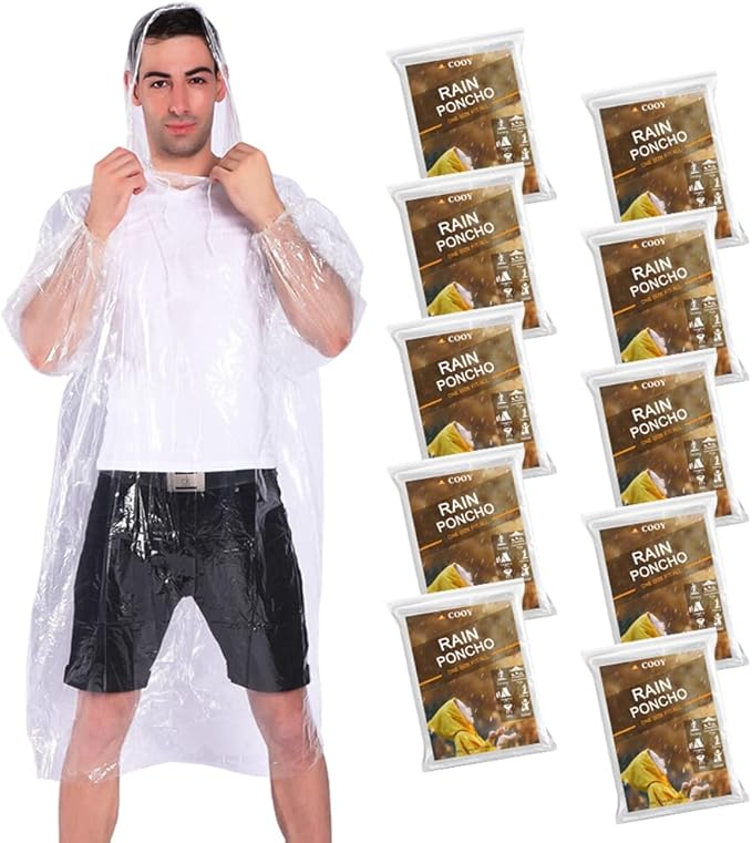 Rain Ponchos,with Drawstring Hood （10 Pack） Emergency Disposable Rain Ponchos Family Pack for Adults,Clear