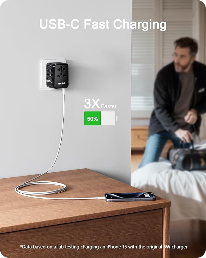 LENCENT Universal Travel Power Adapter, International AC Plug Adaptor with 3 USB A Ports 1 Type C PD Wall Charger Worldwide Travel Essentials for US to EU UK Ireland Australia (Type C/G/A/I) Black