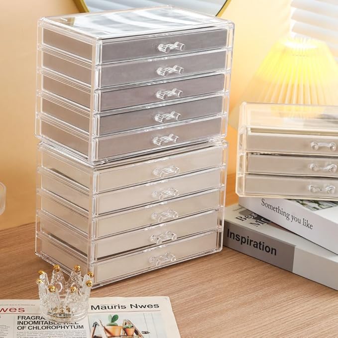 5 Drawers Necklace Organizer Storage, Tray with Clear Lid, Dustproof Velvet Necklaces Holder Storage Display Case, Necklace Tray Drawer Insert for Pendant Suitable for Women and Girls (25 grids)