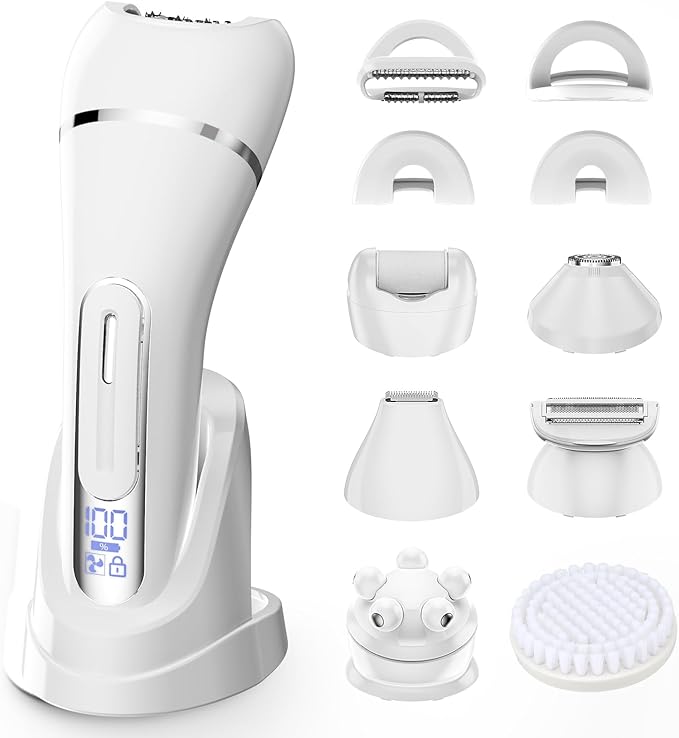 Electric Shavers for Women, 7 in 1 Hair Removal Kit with Epilator Bikini Trimmer Face Razor Body Brush Face Massager Foot Callus Remover, IPX7 Waterproof Lady Razors Set for Legs Armpit Bikini Pubic
