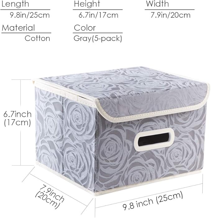 PRANDOM Stackable Storage Boxes with Lids [5-Pack] Fabric Decorative Storage Bins Cubes Organizer Containers Baskets with Cover Handles Divider for Bedroom Closet Living Room Grey 9.8x7.9x6.7 Inch
