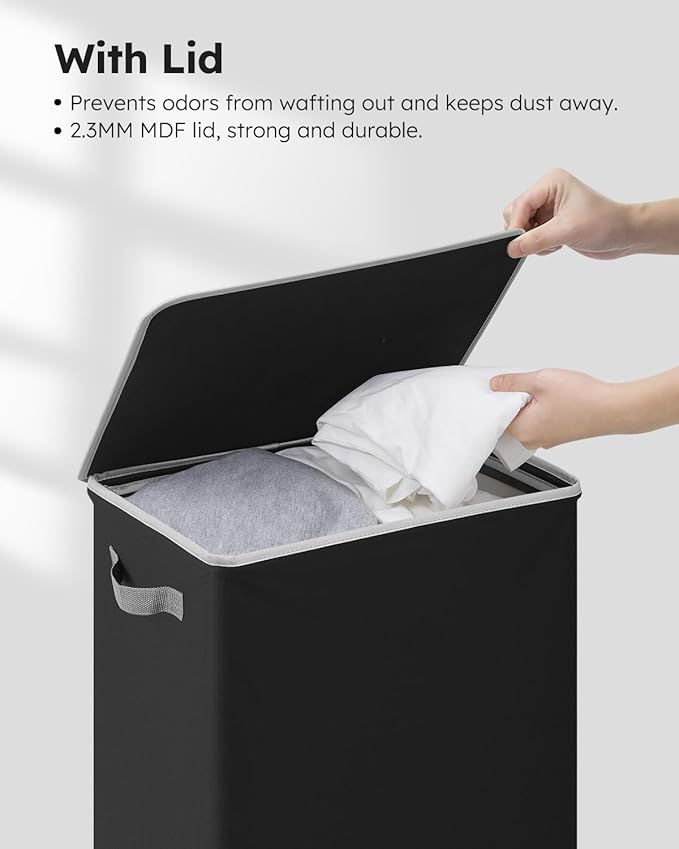 SOLEDI Slim Laundry Hamper with Lid, Narrow Laundry Basket with Removable Bags, Dirty Clothes Hamper with handle, Small Hamper perfect for Laundry room, Bathroom, Bedroom, Small spaces. 70L Black