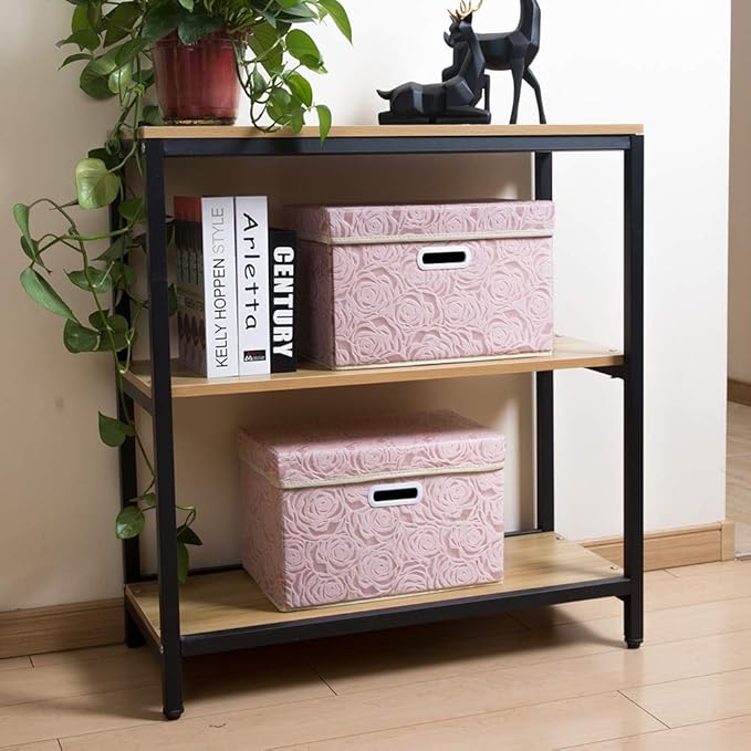 PRANDOM Collapsible Storage Boxes with Lids [5-Pack] Fabric Decorative Storage Bins Cubes Organizer Containers Baskets with Cover Handles Divider for Bedroom Closet Living Room Pink 14.9x9.8x9.8 Inch