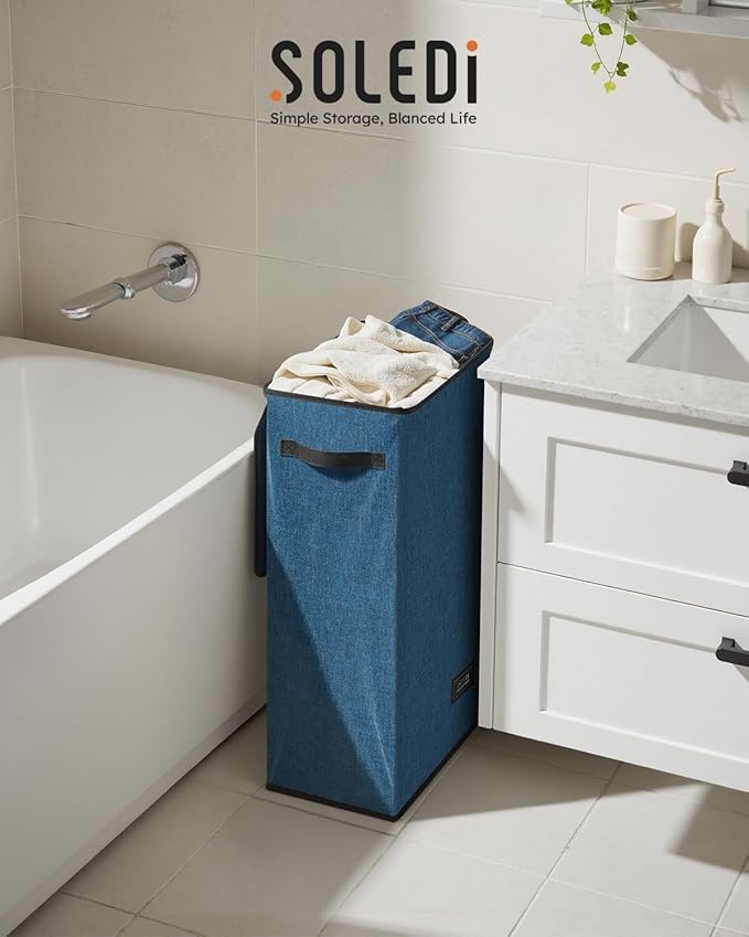 SOLEDI Slim Laundry Hamper with Lid, Narrow Laundry Basket with Removable Bags, Dirty Clothes Hamper with handle, Small Hamper perfect for Laundry room, Bathroom, Bedroom, Small spaces. 70L Blue