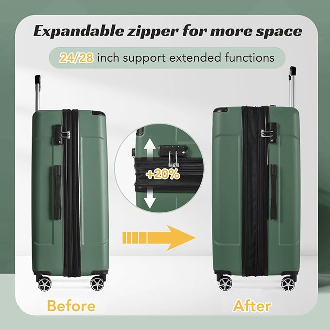 Merax 24 Inch Expandable Checked Luggage, Hardshell ABS Medium Suitcase with Spinner Wheels, TSA Lock, Lightweight Durable Travel Suitcase for Men Women(Green)