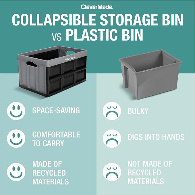 CleverMade Collapsible Storage Bins - Obsidian 3 Pack 46L - Stackable Containers Heavy Duty Capacity Folding Crates - Space-Saving for Home