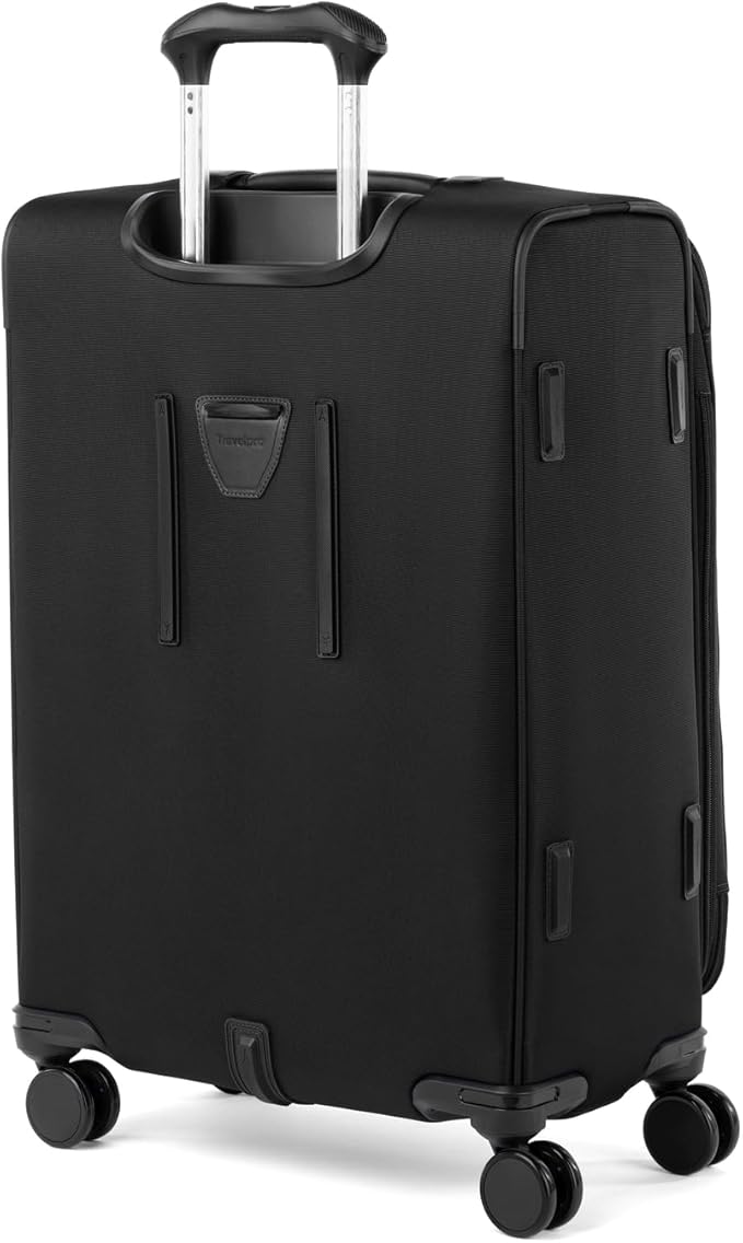Travelpro VersaPack+ Lightweight Softside Expandable Checked Luggage, 8 Spinner Suitcase, TSA Lock, Men and Women, Checked Medium 25-Inch, Black